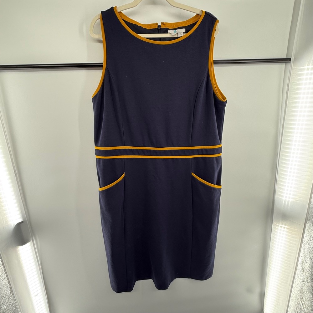 Boden Navy‎ Ponte Sleeveless Dress 20/22L Yellow Trim Pockets Work Office Midi